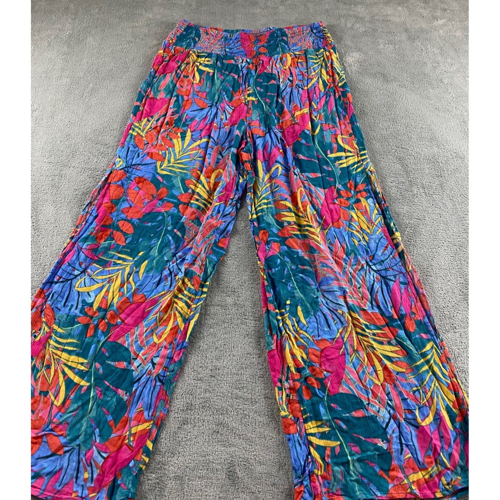 Kona Sol Womens Medium Tropical Palm Print Smocked Wide Leg Cover Up Pants Pink - Picture 2 of 15